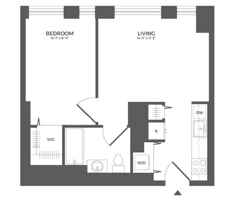 Floor plan for 1 bed, 1 bath, 549 sqft